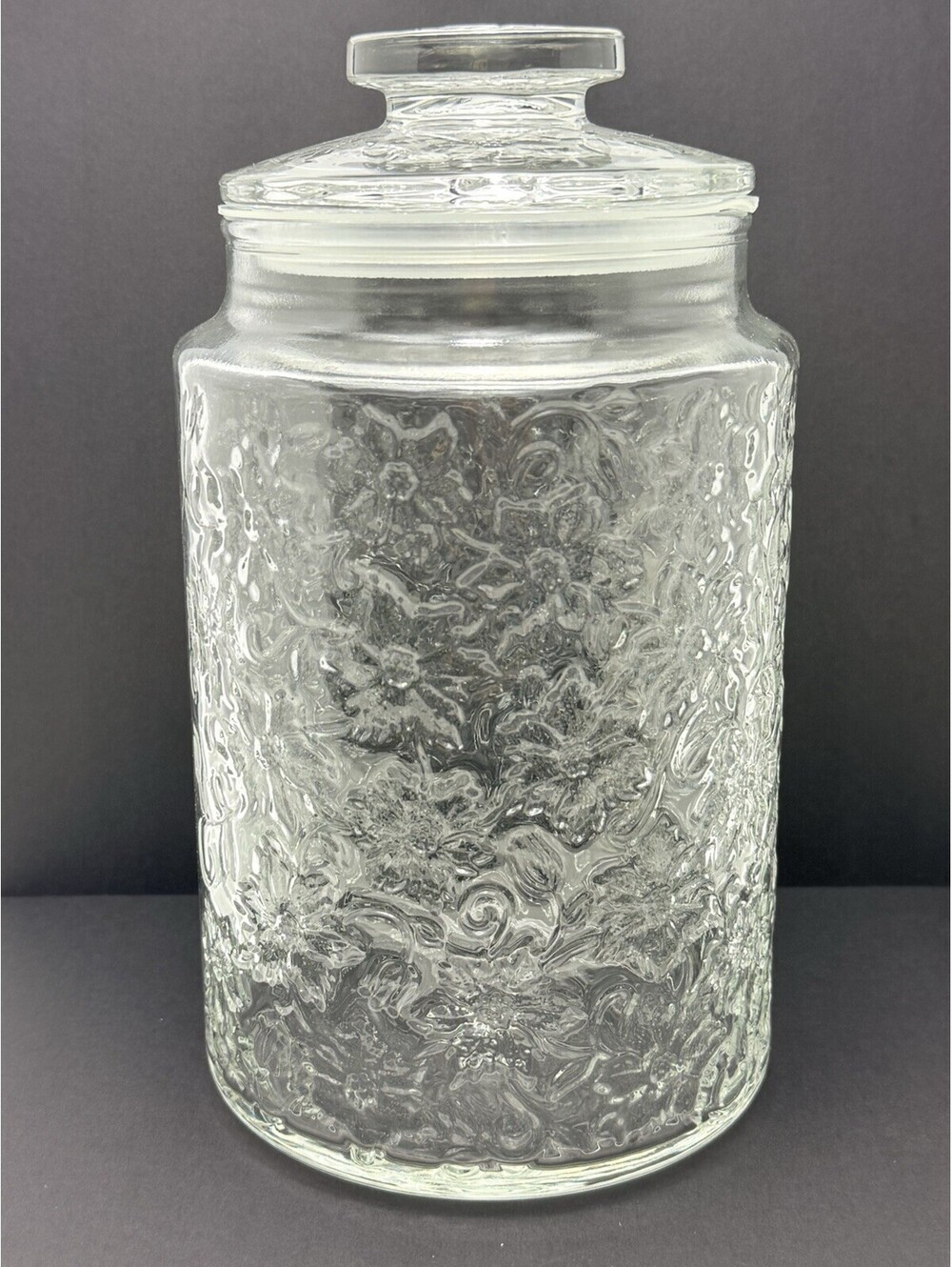 Pointsettia Fantasia Princess House Round Pressed Glass Jar Cookies Christmas